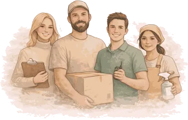 Zwei Personen beim Organisieren und Sortieren von Kisten